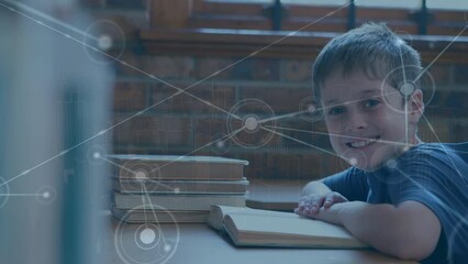 Poster - Animation of network of connections over portrait of caucasian boy smiling in the class at school