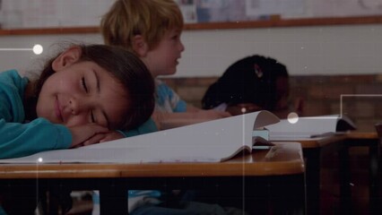 Poster - Animation of network of connections over caucasian girl sleeping in the class at school
