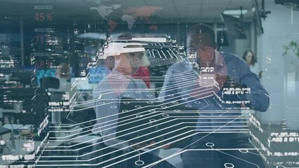 Poster - Animation of data processing over diverse businessman and businesswoman discussing at office