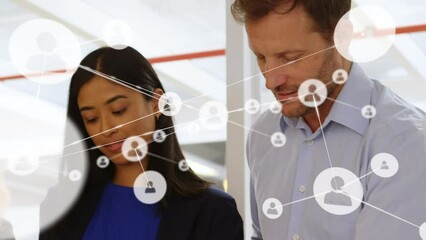 Poster - Animation of network of connections with people icons over diverse business people