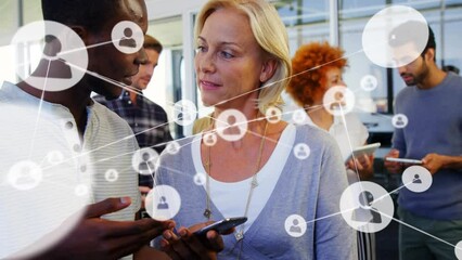 Poster - Animation of network of connections with people icons over diverse business people
