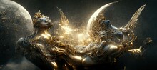 A 3D Illustration Of A Gold Skeleton God With Gold Wings Flying In The Cosmos Sky