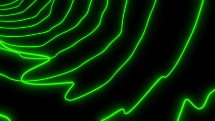 Poster - Abstract fluctuating neon green bending stripes on a black background. Design. Rippling blue neon arcuate shaped lines.
