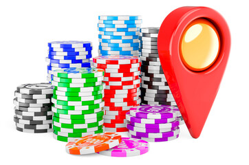 Poster - casino tokens with map pointer. 3d rendering