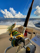 Saltwater Fishing Rod & Reel with Lure, Gulf of Mexico, blue sky white clouds and wake from the boat