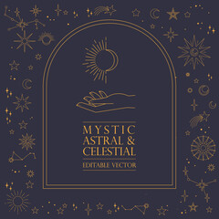 Wall Mural - astral celestial frame with stars, hands, sun, moon phases, and copy space. mystic design. ornate ma