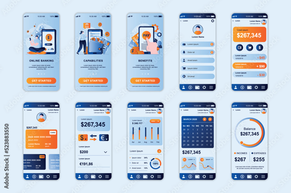 Banking concept screens set for mobile app template. People make online ...