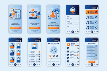 Poster - Music concept screens set for mobile app template. People listen to favorite playlists, discover songs and podcasts. UI, UX, GUI user interface kit for smartphone application layouts. Vector design