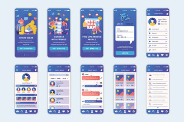 Social network concept screens set for mobile app template. People share ideas online, blogging, connect with friends. UI, UX, GUI user interface kit for smartphone application layouts. Vector design