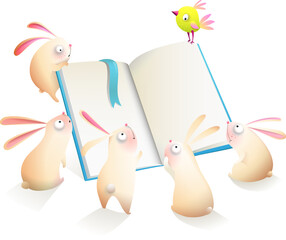 Wall Mural - Cute Bunnies or Rabbits Reading Open Book. Funny rabbits with open notebook cartoon for kids, educational clipart for children. Vector illustration isolated on white.