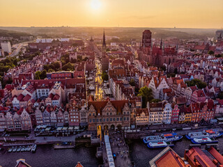 Poster - Splendid aerial landscape of historic Old Town and Long Market street in Gdansk at sunset