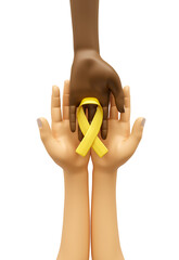 Wall Mural - Hands with yellow awareness ribbon in 3d render 