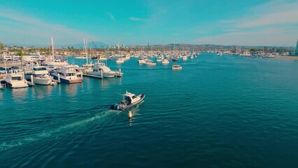 Poster - Aerial view of boats and yachts moored at the harbor on sunny day in bay