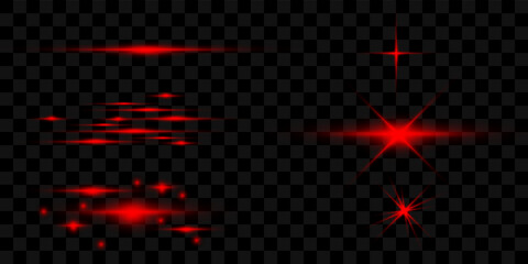 A set of red effects, an explosion of a star with sparkles and light reflection on a transparent background