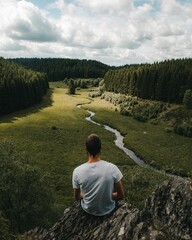 Back view of male sitting on a rock and looking at the forest with a river and large trees