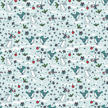 Christmas And New Year Background For Kids. Winter Seamless Pattern With Hand Drawn Doodle Bird, Rabbit, Gifts, Holly Berries, Snowflakes, Snow
