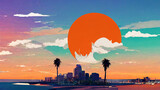 Fototapeta  - California skyline, Orange lit up city from a sunset