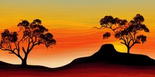 Outback Australia Landscape Silhouette Down Under, Red Sandy Desert Landscape Of The Australian Outback Gum Trees Under An Orange, Red, Yellow Sky, Australian Aboriginal Flag Colours