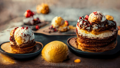 Wall Mural - Delicious strawberry dessert with vanilla ice cream. Close-up, shallow depth of field. 3d-render generated with ai.