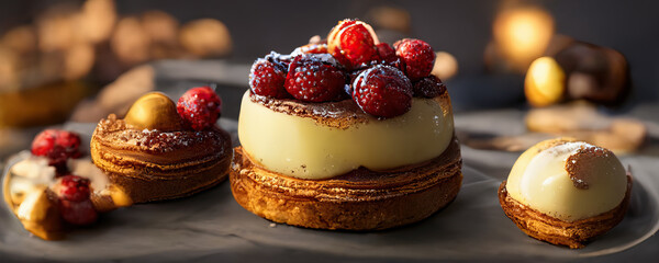 Wall Mural - Delicious raspberry dessert with vanilla cream. Close-up, shallow depth of field. 3d-render generated with ai.