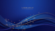 Blue Background With Golden Lines, Blue Ribbon, Glitter Light Effect And Bokeh Decoration. Luxury Style Design Template Concept