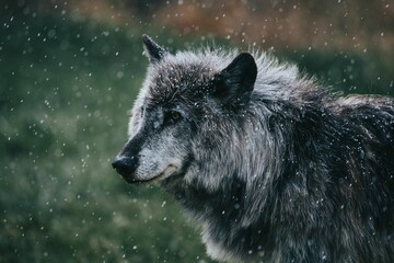 Closeup of a furry gray wolfdog enjoying a brief snowfall in a forest