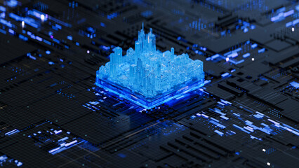 Wall Mural - Futuristic city on motherboard with cpu. Smart city concept.. 3D rendering.3d background