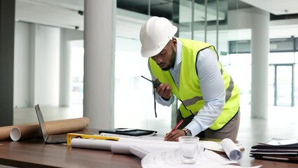 Poster - Architect, building engineer or construction worker looking at plans and blueprints and talking on a radio. Male contractor planning, instructing and giving orders while working on a build site