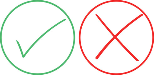 Thin line check mark icons. Green tick and red cross checkmarks flat