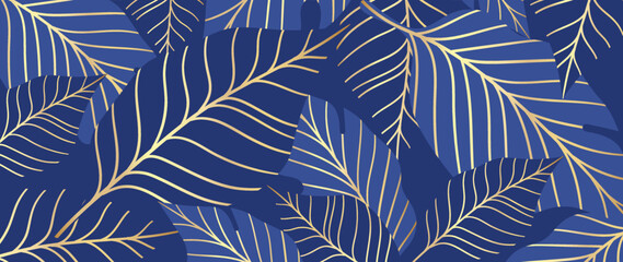 Abstract foliage line art vector background. Luxury gold wallpaper of blue tropical leaves and tree in hand drawn pattern. Elegant line art of summer jungle for banner, prints, decoration, fabric.