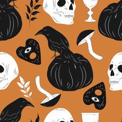 Wall Mural - vector seamless pattern on the theme of halloween and witchcraft. pattern with skulls, ravens, magic items