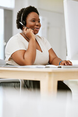 Canvas Print - Happy, smiling and talking call center agent working on computer, networking online and helping on internet. Friendly black female customer service agent planning and discussing at work