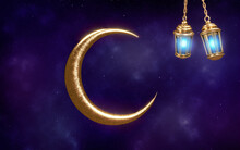 Eid Ramadan Islamic Background Empty Blue Galaxy Crescent Lamp Lantern Glow Gold Bronze Greetings Festival