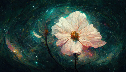 Wall Mural - Abstract, beautiful galaxy illustration flower in cosmos, the universe in the background, artistic visualization fantasy fairy tail wallpaper with glowing stars and planets colorful futuristic concept