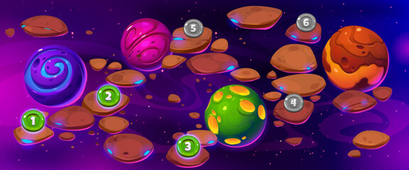 Poster - Space game background cartoon ui design. Vector illustration of colorful alien planets, stone asteroids, stars and coins with numbers marking adventure level for player. Science quest app interface