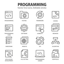 Programming Line Icons. Set Of Software, Code, Website, Computer And More. Editable Stroke.