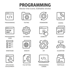 Poster - Programming line icons. Set of software, code, website, computer and more. Editable stroke.