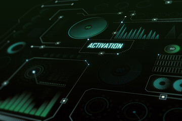 Poster - Creative glowing dark digital business interface with various icons wallpaper. Diagnistics, activation and tech data anlysis concept. 3D Rendering.