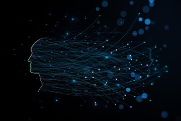 Poster - Abstract digital head outline with glowing lines and blurry bokeh circles on blue texture. Technology, future, ai and machine learning concept. 3D Rendering.