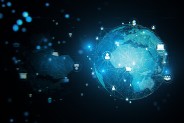 Poster - Creative glowing communication and network globe hologram on blurry dark wallpaper. Worldwide networking and hud concept. 3D Rendering.