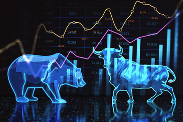 Poster - Abstract bearish and bullish forex chart on blurry backdrop. Stock market exchange and financial analysis. 3D Rendering.