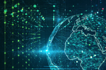 Poster - Creative glowing blue metaverse globe hologram with grid on blurry backdrop. 3D Rendering.