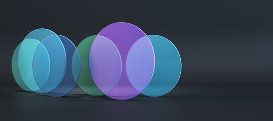 Poster - Abstract wide colorful round glass on black background with mock up place. Decor and design banner concept. 3D Rendering.