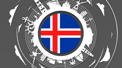 Wall Mural - Cargo port and travel relative silhouettes located around the circle. Flag of Iceland.