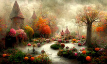 Dreamy Surreal Fantasy Fairytale World In Autumn Colours, Digital Illustration