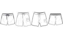 Beach Shorts, Men's Short Set Fashion Illustration, Vector, CAD, Technical Drawing, Flat Drawing, Template, Mockup.