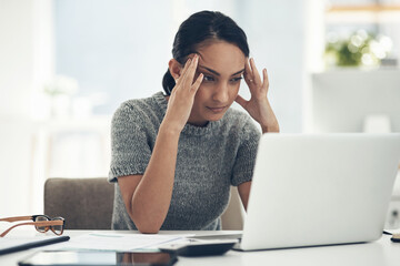 Sticker - Confused, stressed and anxious businesswoman with laptop suffering from a headache, pressure and agency deadline. Creative entrepreneur thinking of solution, making mistake and trying to understand