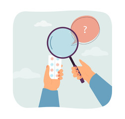 Poster - Hands holding blister pack and magnifying glass. Person examining pills, searching for information about remedy or treatment flat vector illustration. Pharmacy, medicine, health concept for banner