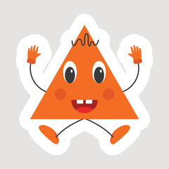 Canvas Print - Isolated Sticker Of Laughing Orange Triangle Cartoon In Jumping Pose Over Grey Background.