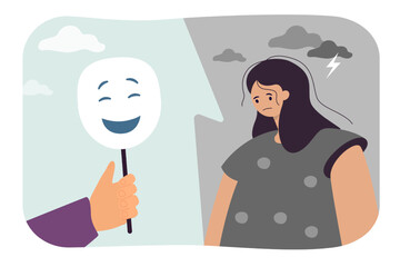 Poster - Upset cartoon woman and hand holding happy mask. Girl hiding feelings flat vector illustration. Emotions, psychology, personality, sadness concept for banner, website design or landing web page